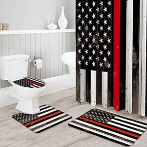 4 PCS Independence Day USA Flag Shower Curtain Set with Bath Rugs,American Red Line Fireman Waterproof Curtains Soft Bathroom Non-Slip Floor Mats Toilet U-Shaped Pad and Toilet Lid Covers Wood Plank