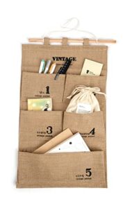 lenith vintage mini linen fabric closet foldable washable hanging storage bag with 5 pockets over the wall door organizer for room