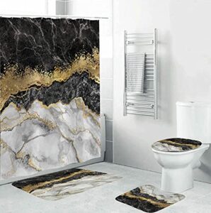 4pcs black marble shower curtains sets with 12 hooks,bathroom curtains shower set toilet mat lid rug,bathroom sets shower curtain sets and rugs and accessories,72x72 inch