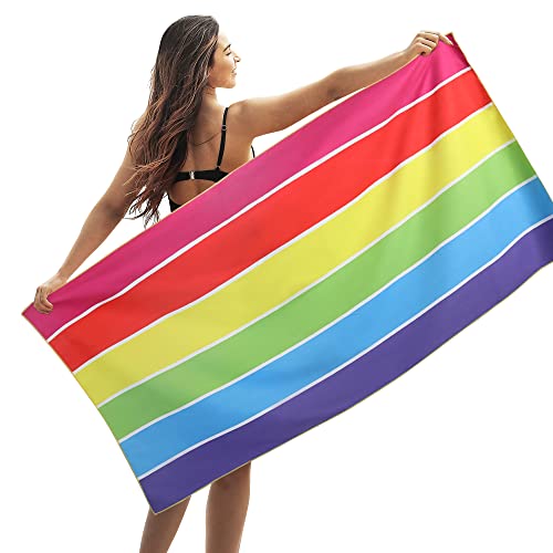 Winthome Rainbow Beach Towel Microfiber，31”x 70” Oversized Beach Blanket Quick Dry Sand Free Lightweight Large Travel Towel for Adult Beach Gifts for Travel, Swim, Camping, Holiday