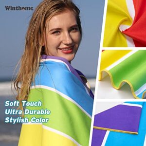Winthome Rainbow Beach Towel Microfiber，31”x 70” Oversized Beach Blanket Quick Dry Sand Free Lightweight Large Travel Towel for Adult Beach Gifts for Travel, Swim, Camping, Holiday