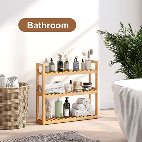 FILWH Bathroom Shelf Bamboo Organizer Rack Adjustable 3-Tier Storage Shelf Wall Mounted Storage Rack Over The Toilet Utility Shelves Living Room Kitchen Shelf(Natural)