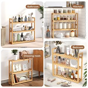 FILWH Bathroom Shelf Bamboo Organizer Rack Adjustable 3-Tier Storage Shelf Wall Mounted Storage Rack Over The Toilet Utility Shelves Living Room Kitchen Shelf(Natural)