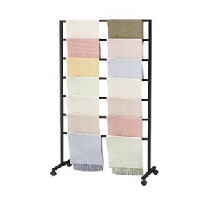 freestanding metal scarf display rack with wheels, hanging silk shawl fabric pant sheet towel organizer rack, tie holder, accessory storage rack for clothing retail store boutiques home