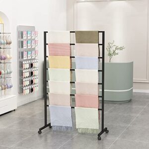 Freestanding Metal Scarf Display Rack with Wheels, Hanging Silk Shawl Fabric Pant Sheet Towel Organizer Rack, Tie Holder, Accessory Storage Rack for Clothing Retail Store Boutiques Home