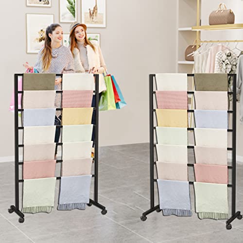 Freestanding Metal Scarf Display Rack with Wheels, Hanging Silk Shawl Fabric Pant Sheet Towel Organizer Rack, Tie Holder, Accessory Storage Rack for Clothing Retail Store Boutiques Home