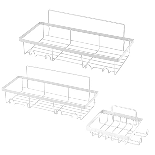 3 Pack Adhesive Shower Caddy Basket, with Hooks, Bathroom Storage Organizer Wall Mounted, for Soap Dish Holder Shelf Shampoo Conditioner