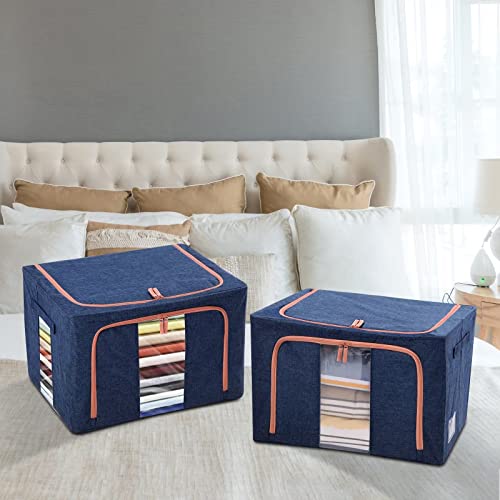 Tasmegol Foldable Clothes Storage Bins Stackable Steel Frame Closet Containers Organizer Bags Linen Cloth Clothing Box for Sweater Bedding Blanket（Navy 3 Pack 66L）