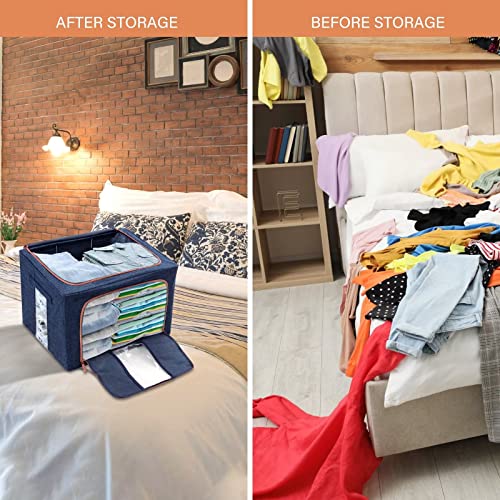 Tasmegol Foldable Clothes Storage Bins Stackable Steel Frame Closet Containers Organizer Bags Linen Cloth Clothing Box for Sweater Bedding Blanket（Navy 3 Pack 66L）