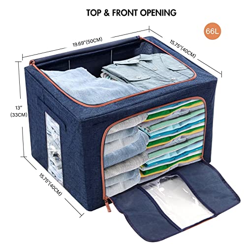 Tasmegol Foldable Clothes Storage Bins Stackable Steel Frame Closet Containers Organizer Bags Linen Cloth Clothing Box for Sweater Bedding Blanket（Navy 3 Pack 66L）