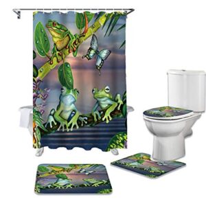 FAMILYDECOR 4 Pcs Bathroom Shower Curtain Sets with Non-Slip Rugs, Toilet Lid Cover and Bath Mat Cartton Frog and Butterfly Waterproof Bath Curtain with Rustproof Hooks 36x72 Inch