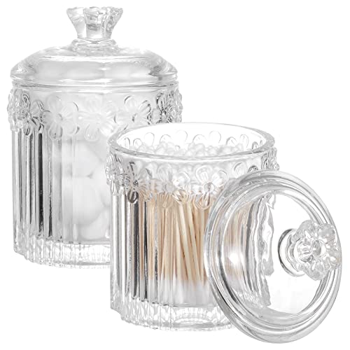 rejomiik 2 Pack Qtip Holder Glass Apothecary Jars with Lids Bathroom Accessories Vanity Organizers and Makeup Storage Canister for Cotton Ball, Cotton Swab, Floss, Candy, Clear