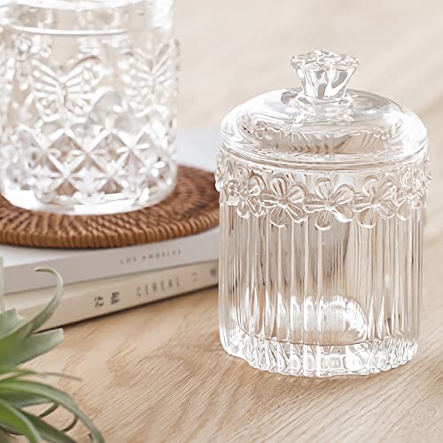 rejomiik 2 Pack Qtip Holder Glass Apothecary Jars with Lids Bathroom Accessories Vanity Organizers and Makeup Storage Canister for Cotton Ball, Cotton Swab, Floss, Candy, Clear