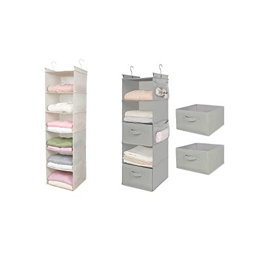 MAX Houser 6 Tier Shelf Hanging Closet Organizer and 5 Tier Shelf Hanging Closet Organizer, Closet Hanging Shelf with 2 Sturdy Hooks for Storage, Foldable,Beige and Light Grey-D2