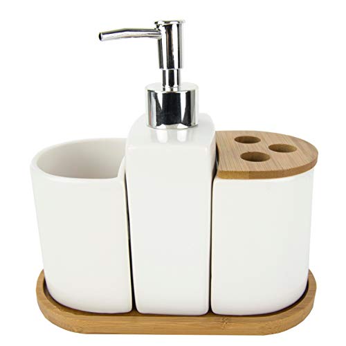 MISC 4 Piece Ceramic Bath Accessory Set with Bamboo Accents Solid Color Casual