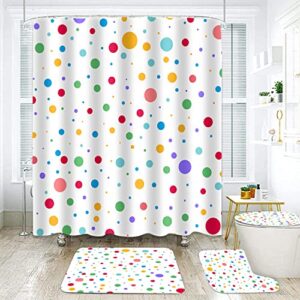 4 pcs rainbow polka dot shower curtain set, colorful abstract circles bathroom sets with shower curtain and rugs, bath curtain and bath mat, toilet lid cover and u shaped rug, 12 hooks, setlssd265