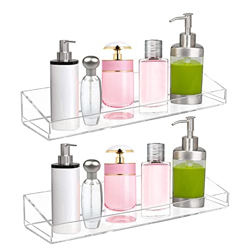 2 Pack Acrylic Bathroom Shelf with Hooks Clear Shower Shelf Wall Mounted No Drilling Thick Clear Storage Transparent Wall Mounted Display Shelving No Drilling Thick Storage Display Shelves15L*4W*2H