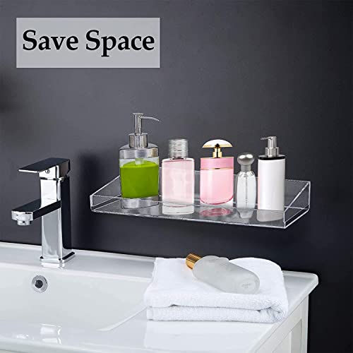 2 Pack Acrylic Bathroom Shelf with Hooks Clear Shower Shelf Wall Mounted No Drilling Thick Clear Storage Transparent Wall Mounted Display Shelving No Drilling Thick Storage Display Shelves15L*4W*2H