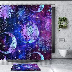 vpupcn 2 pcs sun moon shower curtain sets with bath mat,purple blue burning sun stars abstract mandala celestial fantasy galaxy boho 70"x 70" bathroom curtain with 12 hooks and 29.5"x 17.8" bath rugs