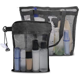 yotako 2 pcs mesh shower caddy, portable shower mesh caddy bag quick dry shower bag mesh hanging shower tote bag with zipper (black)