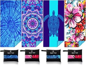 4 pack lightweight thin beach towel oversized 71"x32" big extra large microfiber sand free towels for adult quick dry travel camping beach accessories vacation gift turtle tie dye mandala flower