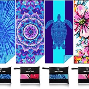 4 Pack Lightweight Thin Beach Towel Oversized 71"x32" Big Extra Large Microfiber Sand Free Towels for Adult Quick Dry Travel Camping Beach Accessories Vacation Gift Turtle Tie Dye Mandala Flower