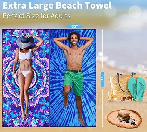 4 Pack Lightweight Thin Beach Towel Oversized 71"x32" Big Extra Large Microfiber Sand Free Towels for Adult Quick Dry Travel Camping Beach Accessories Vacation Gift Turtle Tie Dye Mandala Flower