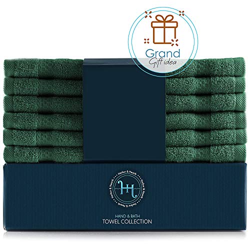 Hearth & Harbor Washcloths 12 Pack 13"x13" - 100% Cotton Wash Cloths for Your Body - Ultra Soft, High Absorbent, Quick Dry - Hunter Green Washcloths