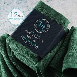 Hearth & Harbor Washcloths 12 Pack 13"x13" - 100% Cotton Wash Cloths for Your Body - Ultra Soft, High Absorbent, Quick Dry - Hunter Green Washcloths