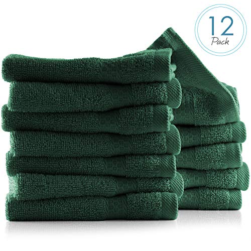 Hearth & Harbor Washcloths 12 Pack 13"x13" - 100% Cotton Wash Cloths for Your Body - Ultra Soft, High Absorbent, Quick Dry - Hunter Green Washcloths