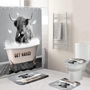 newswell 4pcs bathroom set highland cow bull shower curtain 70.8 x 70.8inch, get naked grey western farmhouse with blanket and toilet cover bath mat,polyester fabric waterproof 12 pack plastic hooks