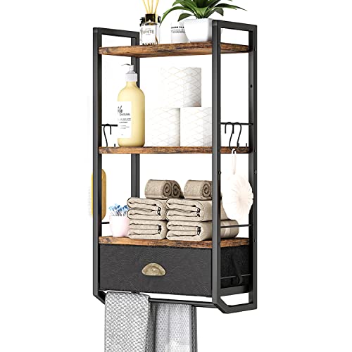 JZM Bathroom Storage Organizer Wall Mounted, 3 Tier Bathroom Towel Rack Shelf with Storage Drawer Double Towel Bars and Hooks, Industrial Bathroom Shelves Over Toilet, Rustic Black and Brown (A)