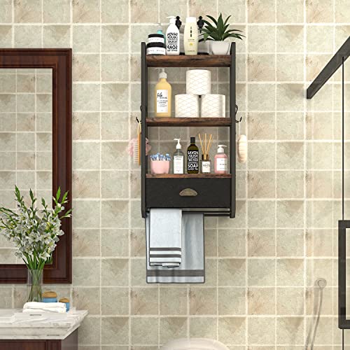 JZM Bathroom Storage Organizer Wall Mounted, 3 Tier Bathroom Towel Rack Shelf with Storage Drawer Double Towel Bars and Hooks, Industrial Bathroom Shelves Over Toilet, Rustic Black and Brown (A)