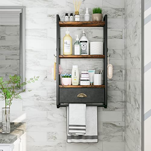 JZM Bathroom Storage Organizer Wall Mounted, 3 Tier Bathroom Towel Rack Shelf with Storage Drawer Double Towel Bars and Hooks, Industrial Bathroom Shelves Over Toilet, Rustic Black and Brown (A)