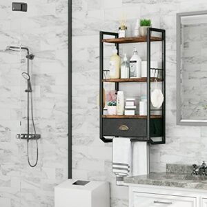 JZM Bathroom Storage Organizer Wall Mounted, 3 Tier Bathroom Towel Rack Shelf with Storage Drawer Double Towel Bars and Hooks, Industrial Bathroom Shelves Over Toilet, Rustic Black and Brown (A)