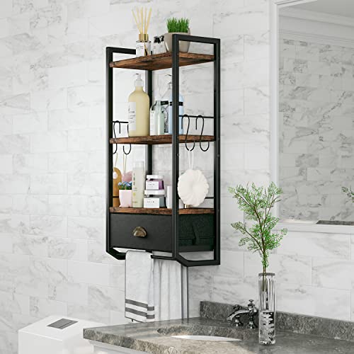 JZM Bathroom Storage Organizer Wall Mounted, 3 Tier Bathroom Towel Rack Shelf with Storage Drawer Double Towel Bars and Hooks, Industrial Bathroom Shelves Over Toilet, Rustic Black and Brown (A)