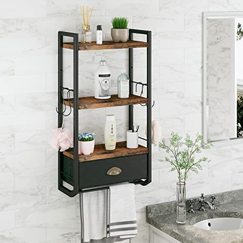 JZM Bathroom Storage Organizer Wall Mounted, 3 Tier Bathroom Towel Rack Shelf with Storage Drawer Double Towel Bars and Hooks, Industrial Bathroom Shelves Over Toilet, Rustic Black and Brown (A)