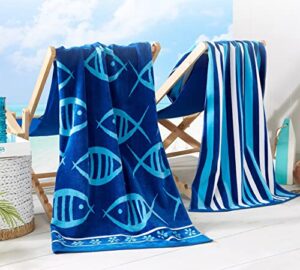 great bay home large beach towel set of 2 - blue fish and striped beach towels for adults and velour pool towels 100% cotton - lightweight quick dry beach towel pack - beach towel for travel