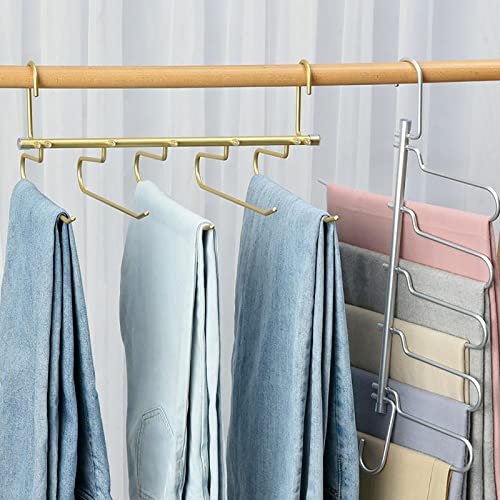 Gold Aluminum Alloy Magic Pants Hangers Space Saving Closet Hangers 5 Layers 4 Uses Multi Functional Pants Rack Heavy Duty Wardrobe Organizer Racks for Jeans, Suit Pants， Towel (2 Pack)