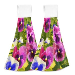 lhammer colorful pansy flower kitchen towels watercolor purple hanging hand towels for bathroom decor 2 pack beach fingertips tie towels with loop 12"x17"