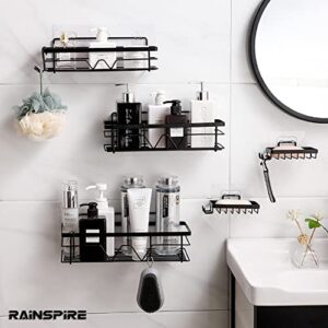 Rainspire Adhesive Shower Caddy, Large Capacity Self Adhesive Shower Shelves for Inside Shower, Shower Rack Shower Shelf for Inside Shower Stainless Steel Bathroom Shower Organizer, Large, Black