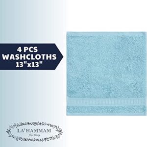 4 Piece 13” × 13” Soft Turkish Cotton Washcloths for Bathroom, Kitchen, Hotel, Spa, Gym & College Dorm | Absorbent and Super Soft Washcloth Set for Body & Face, Baby and Adults - Aqua