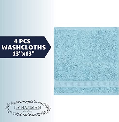 4 Piece 13” × 13” Soft Turkish Cotton Washcloths for Bathroom, Kitchen, Hotel, Spa, Gym & College Dorm | Absorbent and Super Soft Washcloth Set for Body & Face, Baby and Adults - Aqua