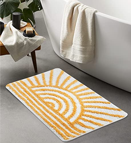 Uphome Boho Bathroom Rugs Yellow and White Sun Bath Mat Non Slip Water Absorbent Microfiber Bath Rug Modern Minimalism Aesthetic Machine Washable Floor Mats for Bathtub Sink Shower, 18x26 inch