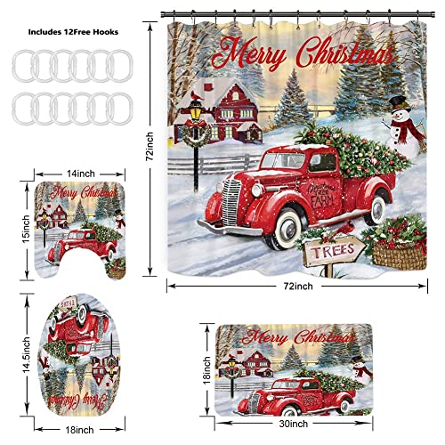 Jlong 4 Pcs Christmas Shower Curtain Sets with with Non-Slip Rugs, Toilet Lid Cover and Bath Mat, Vintage Truck Xmas Tree Winter Snowman Farmhouse Waterproof Bathroom Curtain Set with 12 Hooks