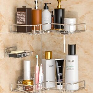 Vdomus Corner Shower Caddy Shelf, No Drilling Traceless Adhesive Rust Proof Stainless Steel Shampoo Holder with Soap Holder, Bathroom Organizer Wall Shelf Basket Rack with Hooks, 3 Pack