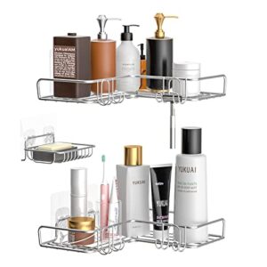 Vdomus Corner Shower Caddy Shelf, No Drilling Traceless Adhesive Rust Proof Stainless Steel Shampoo Holder with Soap Holder, Bathroom Organizer Wall Shelf Basket Rack with Hooks, 3 Pack