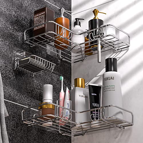 Vdomus Corner Shower Caddy Shelf, No Drilling Traceless Adhesive Rust Proof Stainless Steel Shampoo Holder with Soap Holder, Bathroom Organizer Wall Shelf Basket Rack with Hooks, 3 Pack