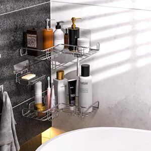 Vdomus Corner Shower Caddy Shelf, No Drilling Traceless Adhesive Rust Proof Stainless Steel Shampoo Holder with Soap Holder, Bathroom Organizer Wall Shelf Basket Rack with Hooks, 3 Pack