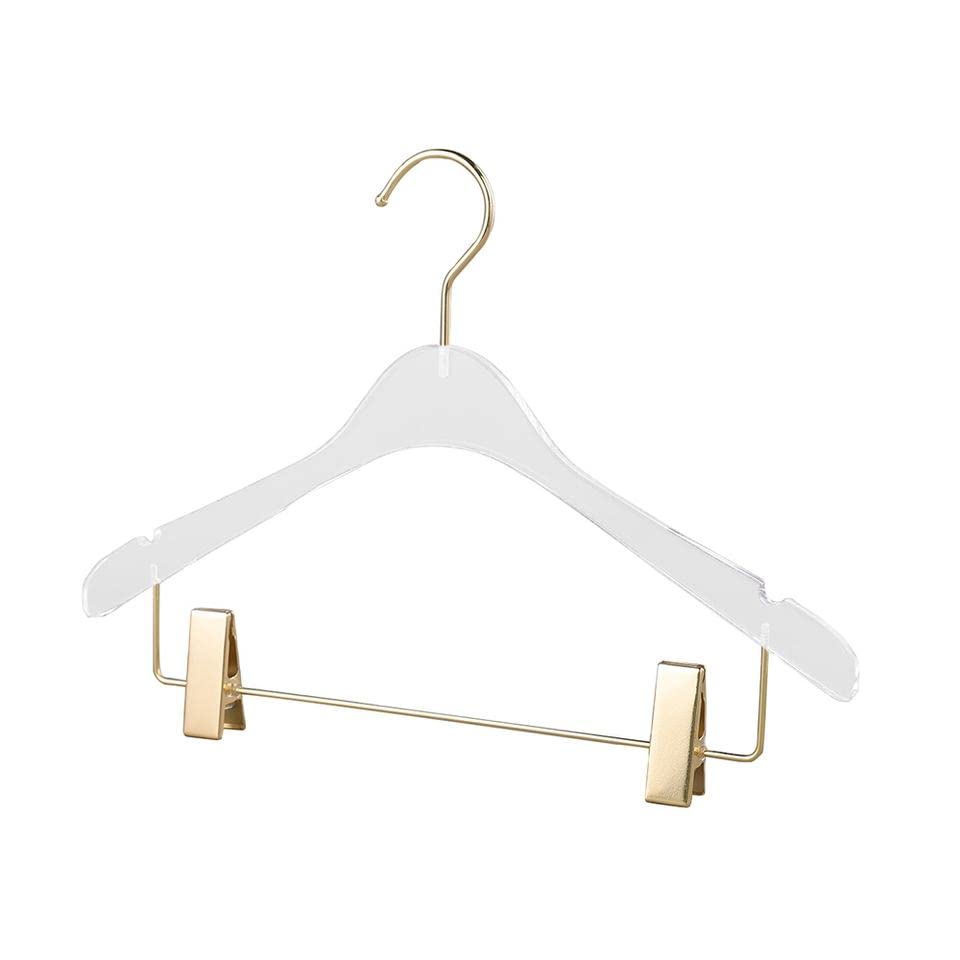 Nisorpa Acrylic Hangers with Clips, 10 Pack Clear Plastic Hangers Non-Slip with Golden Chrome Steel Hook, Clothes Hangers Space Saving Hanger for Dresses Suit Jacket Sweater Blouse